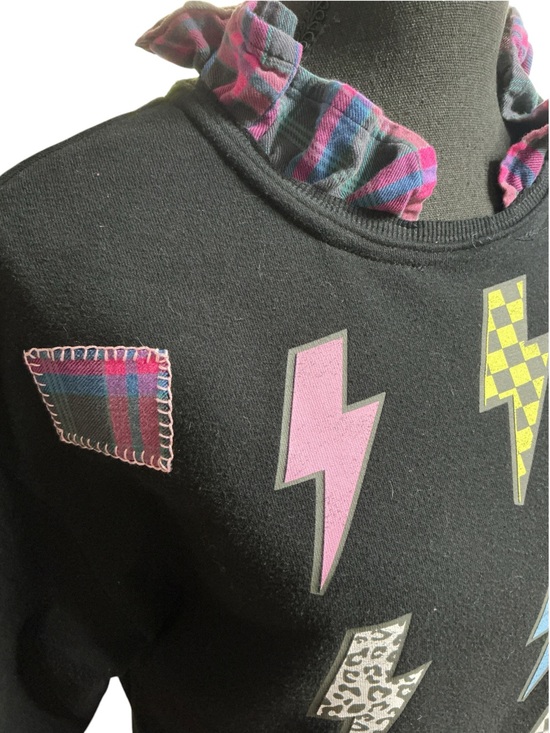 None Sweaters - AC/DC Band Upcycled Sweatshirt Lightening Bolts Patches Blanket Stitching Grunge